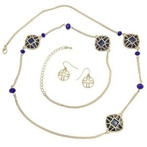 Blue Asymmetrical Gold Long Necklace Earrings Set